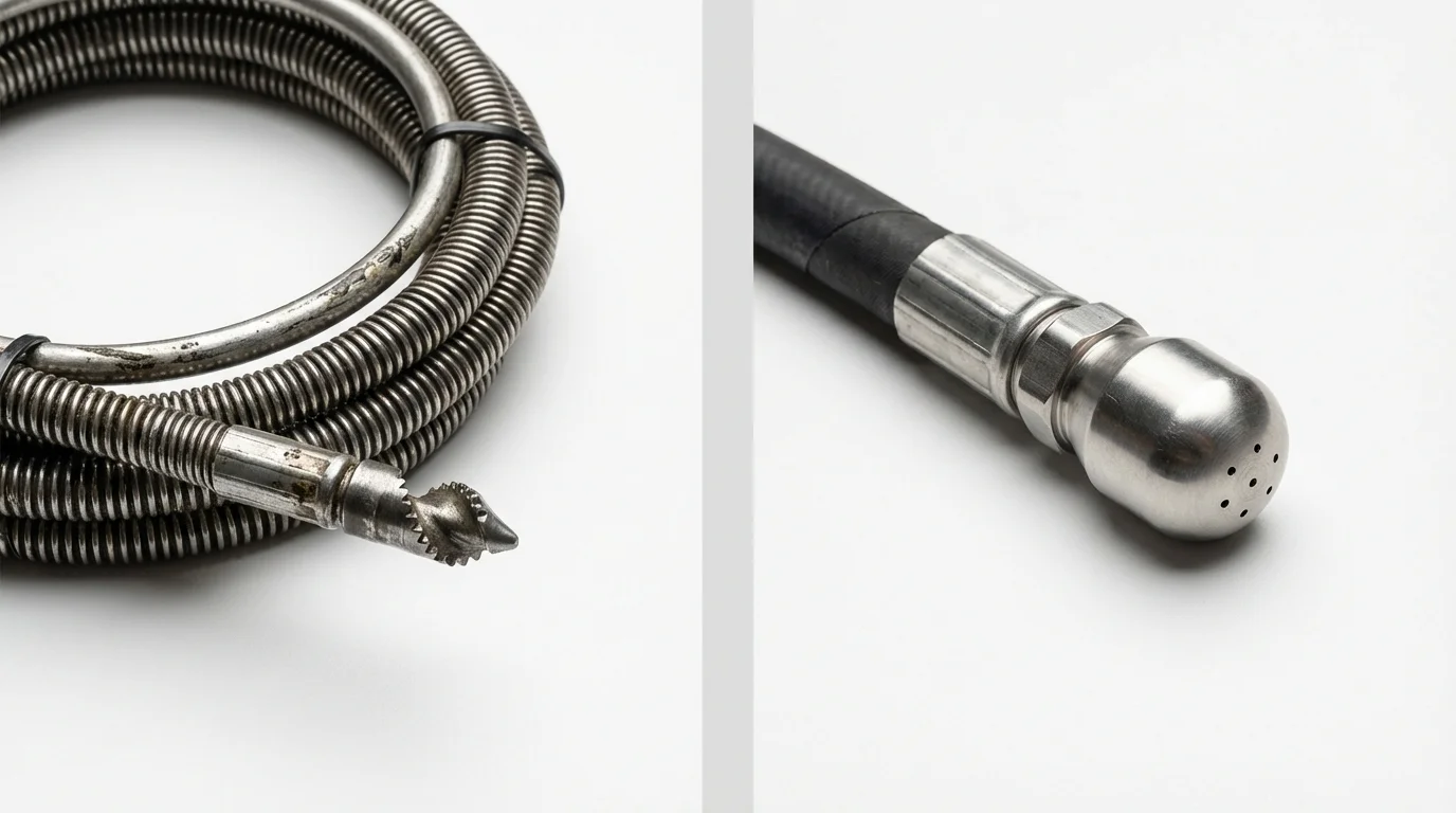 Drain snake cable and hydro jetting nozzle used for drain cleaning in Sullivan City, TX