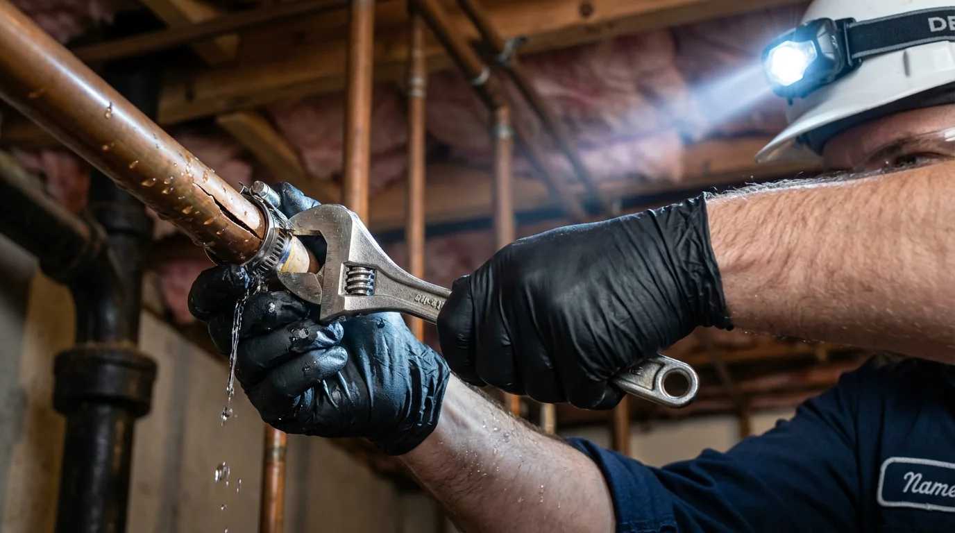 Emergency pipe clamp repair being performed by a Johns Plumbing LLC plumber in Sullivan City
