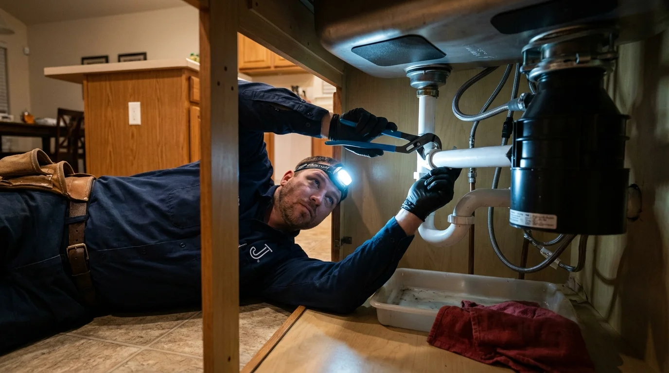 P-trap and supply line connections under a kitchen sink showing a common leak point in Sullivan City, TX
